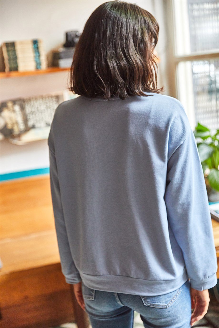 Basic Yumuşak Dokulu Salaş Sweatshirt Düz İndigo