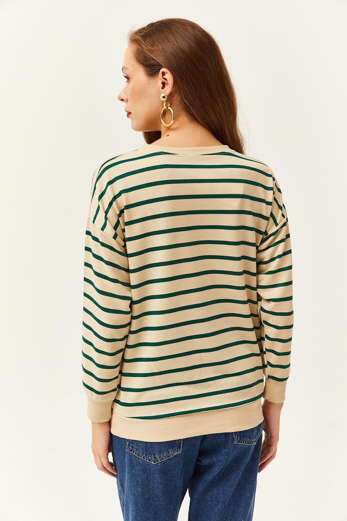 Basic Yumuşak Dokulu Salaş Sweatshirt Taş Yeşil