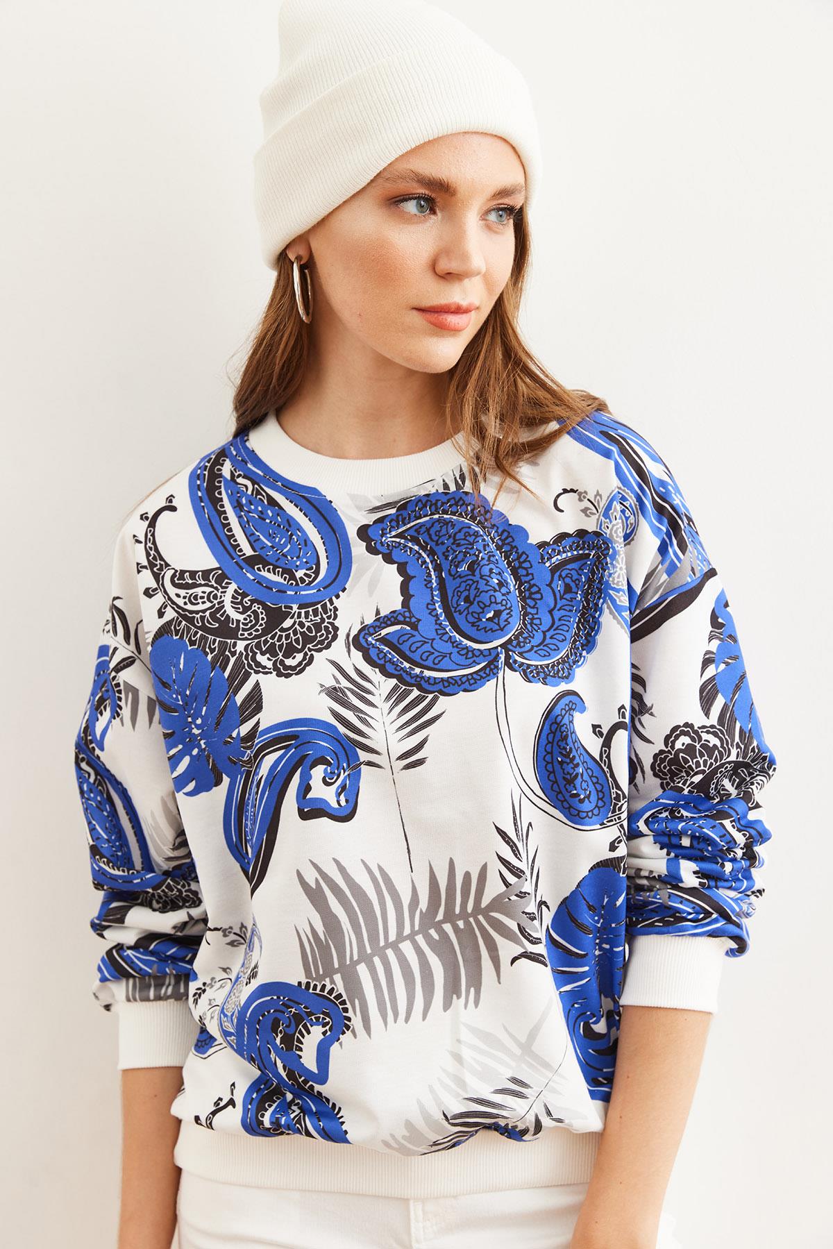 Basic Yumuşak Dokulu Salaş Sweatshirt Palmiye Saks Mavi