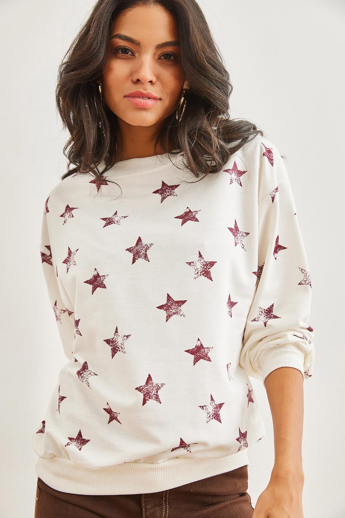 Basic Yumuşak Dokulu Salaş Sweatshirt Yıldız Bordo