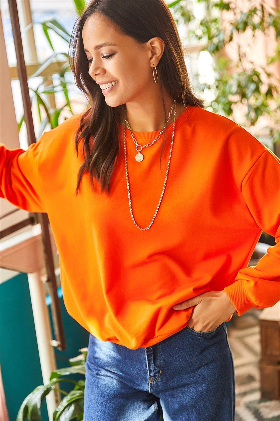 Basic Yumuşak Dokulu Salaş Sweatshirt Düz Turuncu