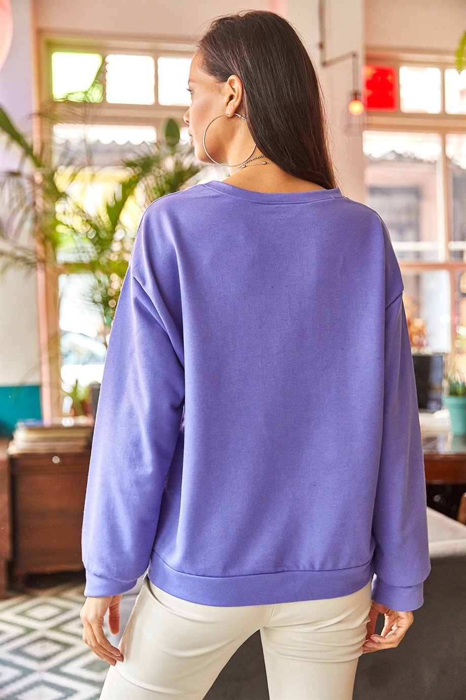 Basic Yumuşak Dokulu Salaş Sweatshirt Düz Mor