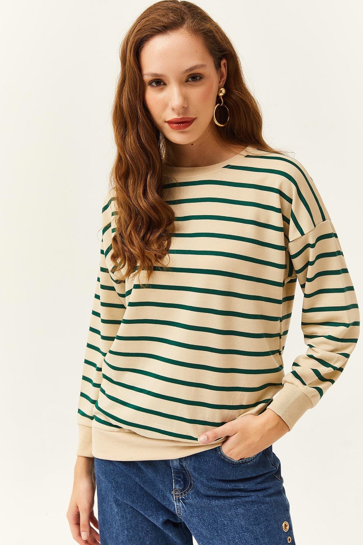Basic Yumuşak Dokulu Salaş Sweatshirt Taş Yeşil