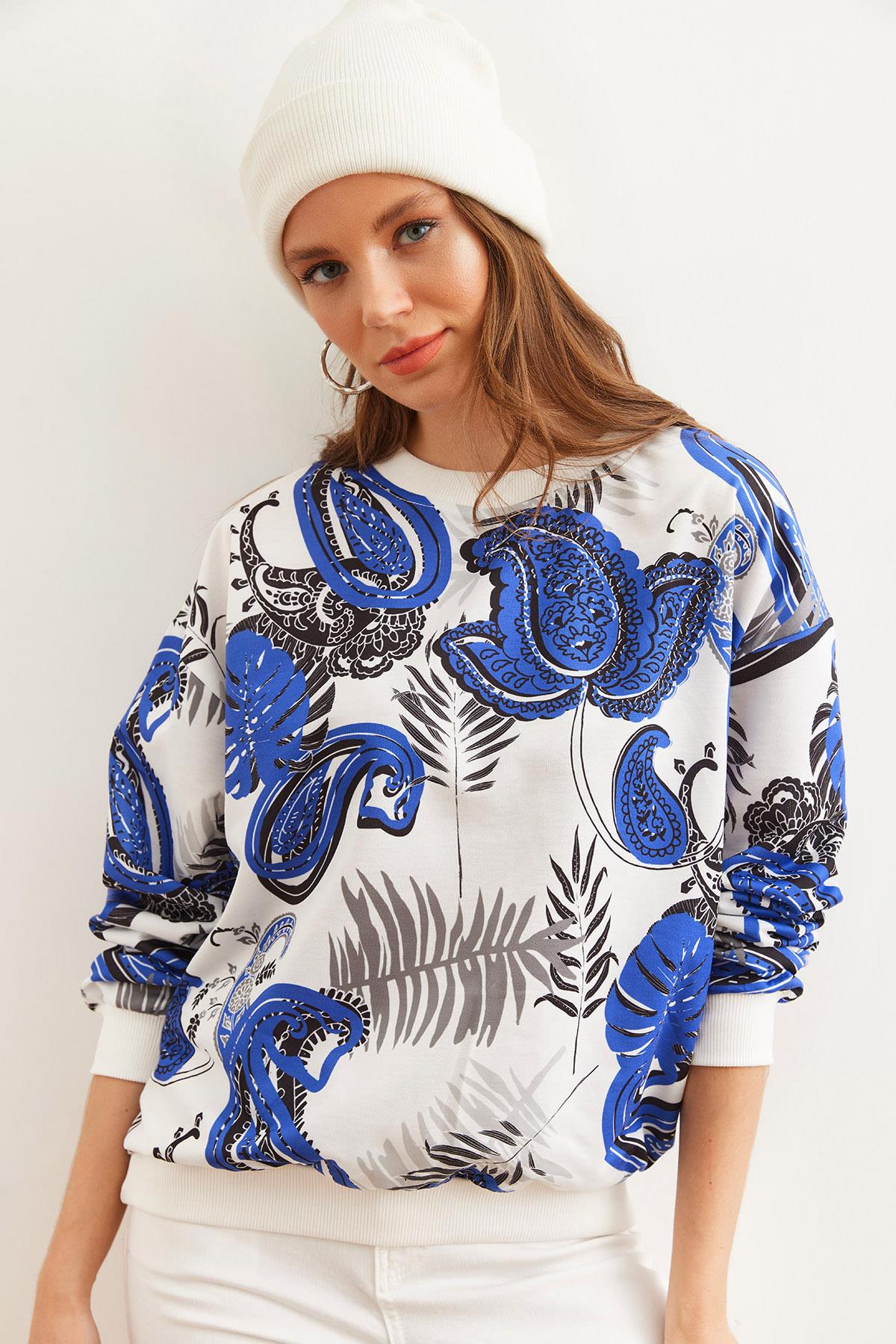 Basic Yumuşak Dokulu Salaş Sweatshirt Palmiye Saks Mavi