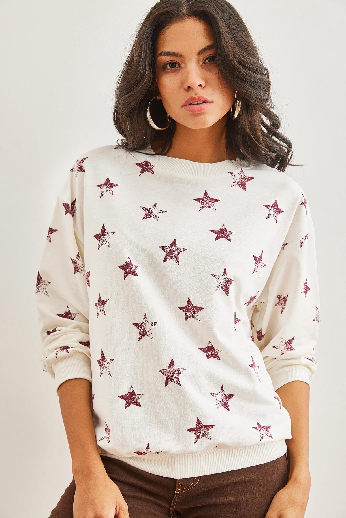 Basic Yumuşak Dokulu Salaş Sweatshirt Yıldız Bordo