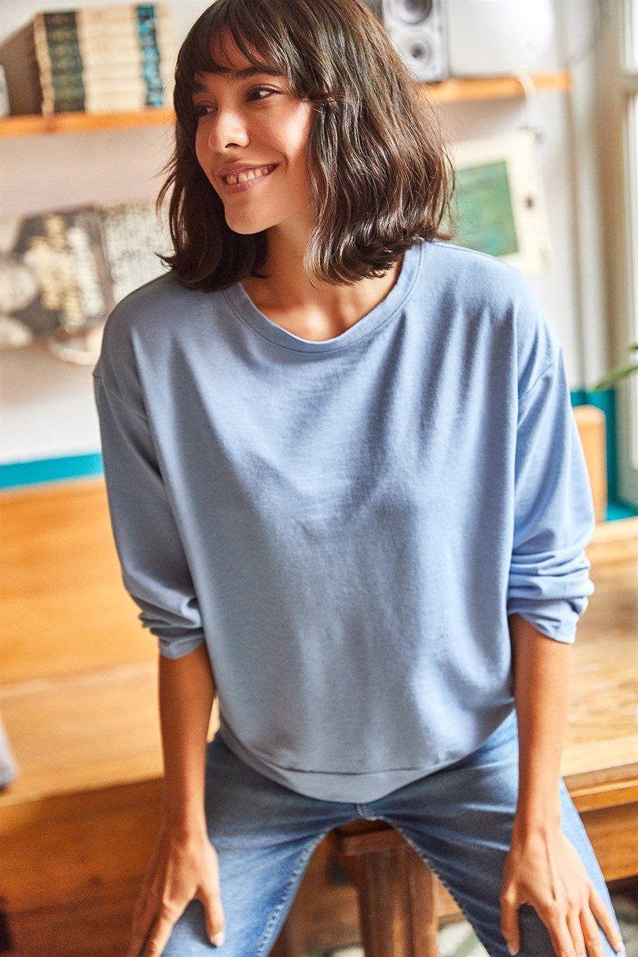 Basic Yumuşak Dokulu Salaş Sweatshirt Düz İndigo