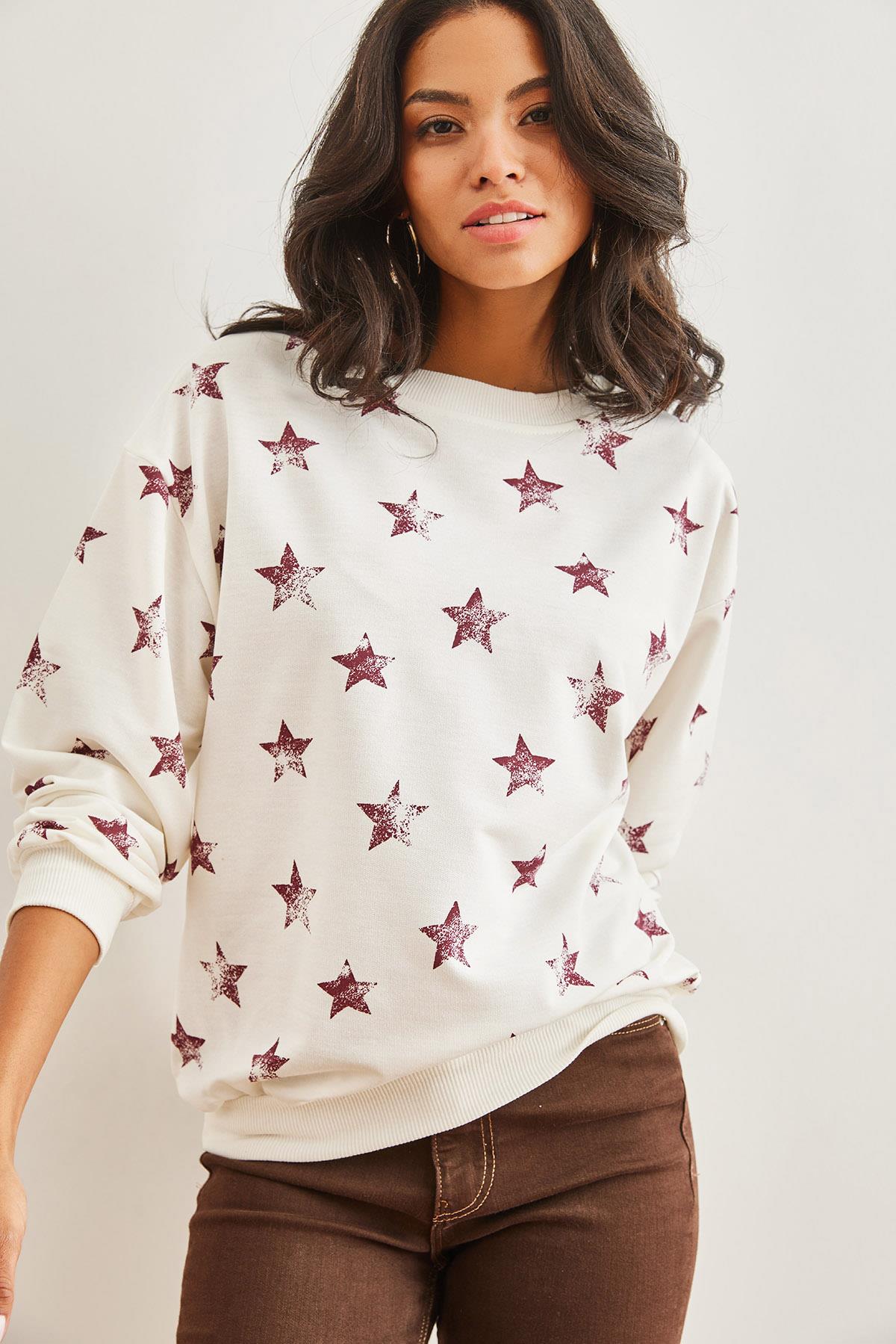 Basic Yumuşak Dokulu Salaş Sweatshirt Yıldız Bordo