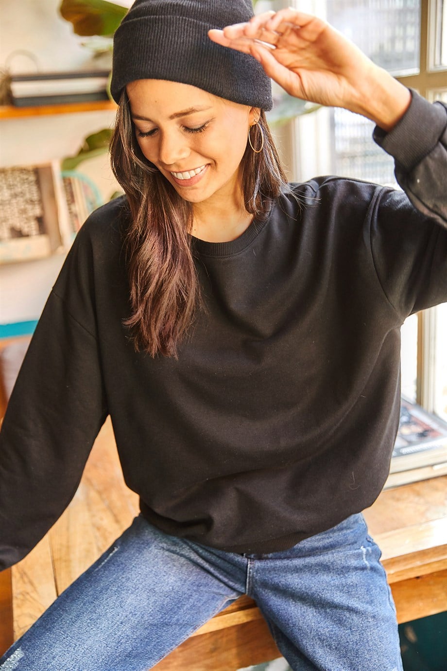 Basic Yumuşak Dokulu Salaş Sweatshirt Düz Siyah