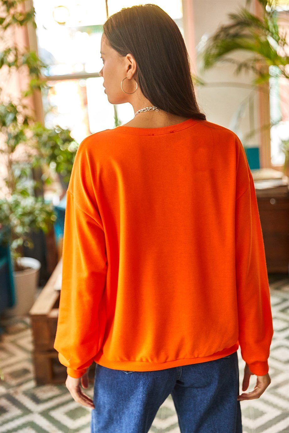 Basic Yumuşak Dokulu Salaş Sweatshirt Düz Turuncu