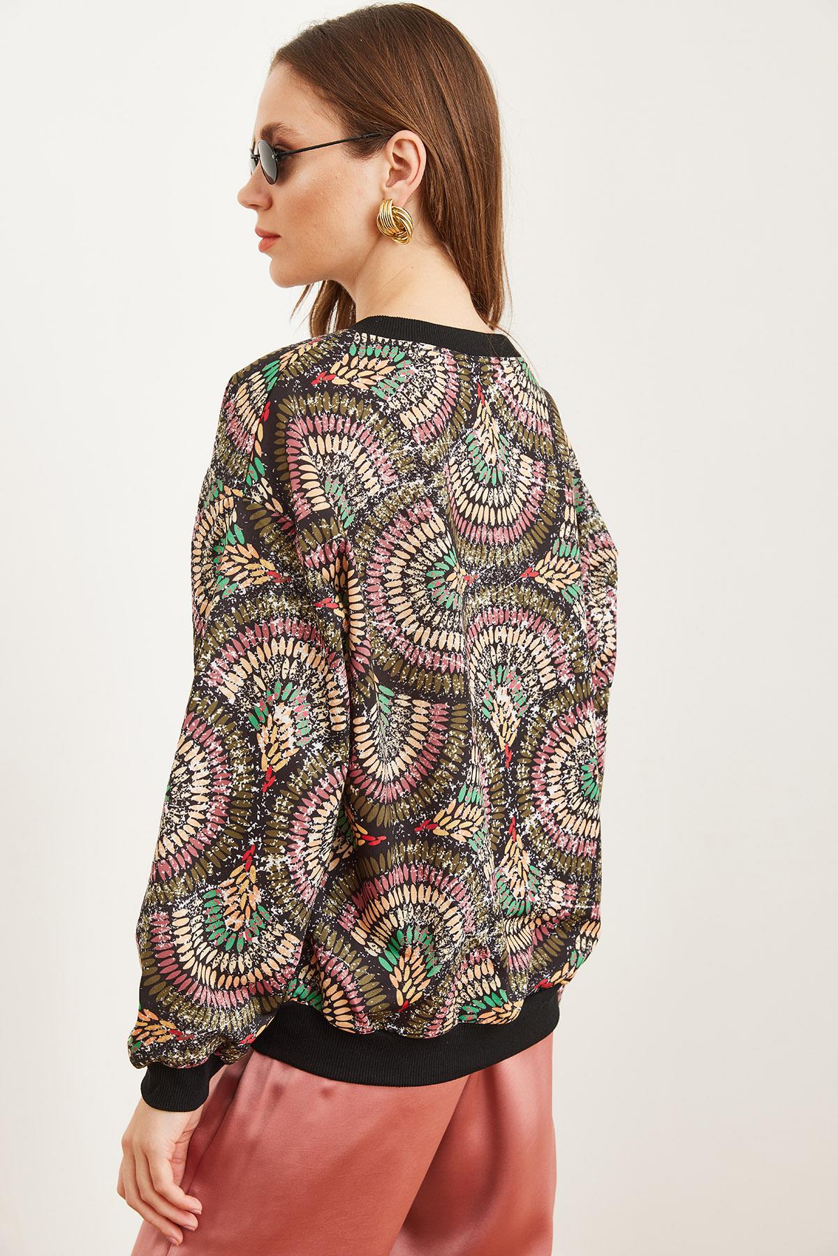 Basic Yumuşak Dokulu Salaş Sweatshirt Geometrik Siyah