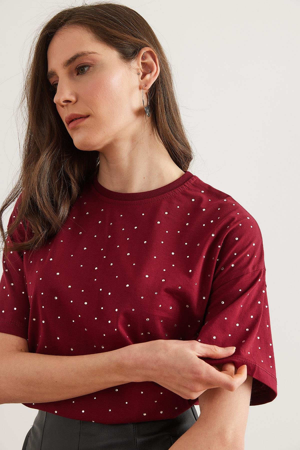 Baskı Taş Detaylı Regular Fit Tişört Bordo