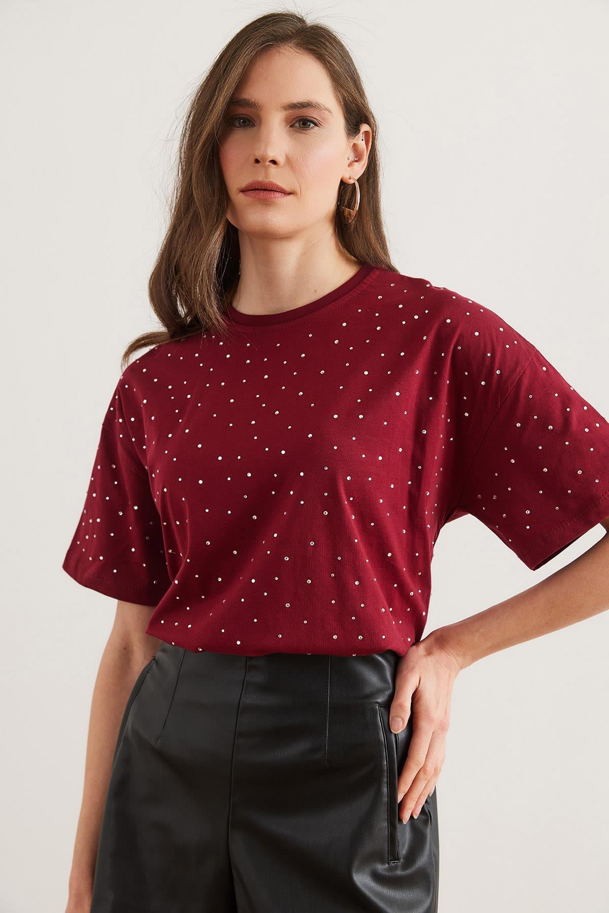 Baskı Taş Detaylı Regular Fit Tişört Bordo