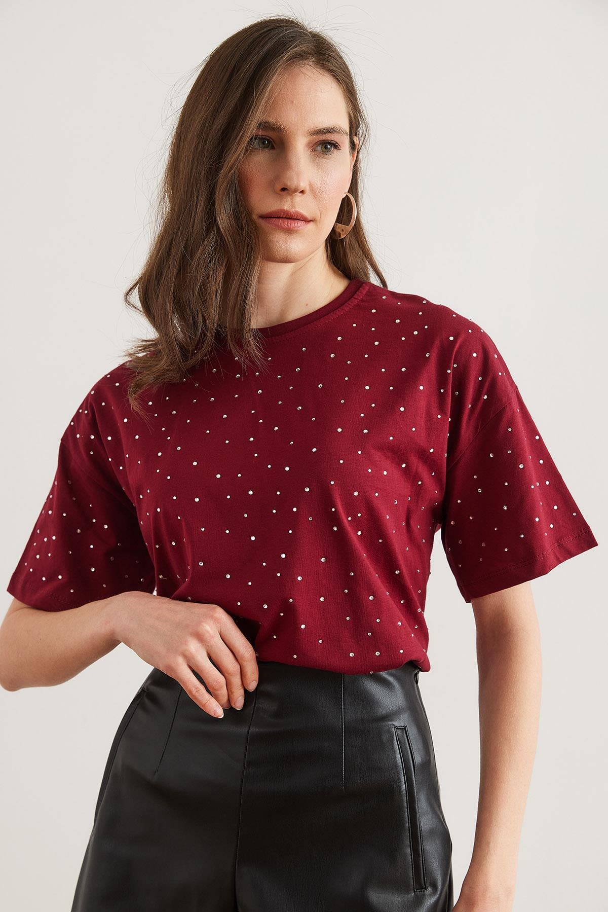 Baskı Taş Detaylı Regular Fit Tişört Bordo