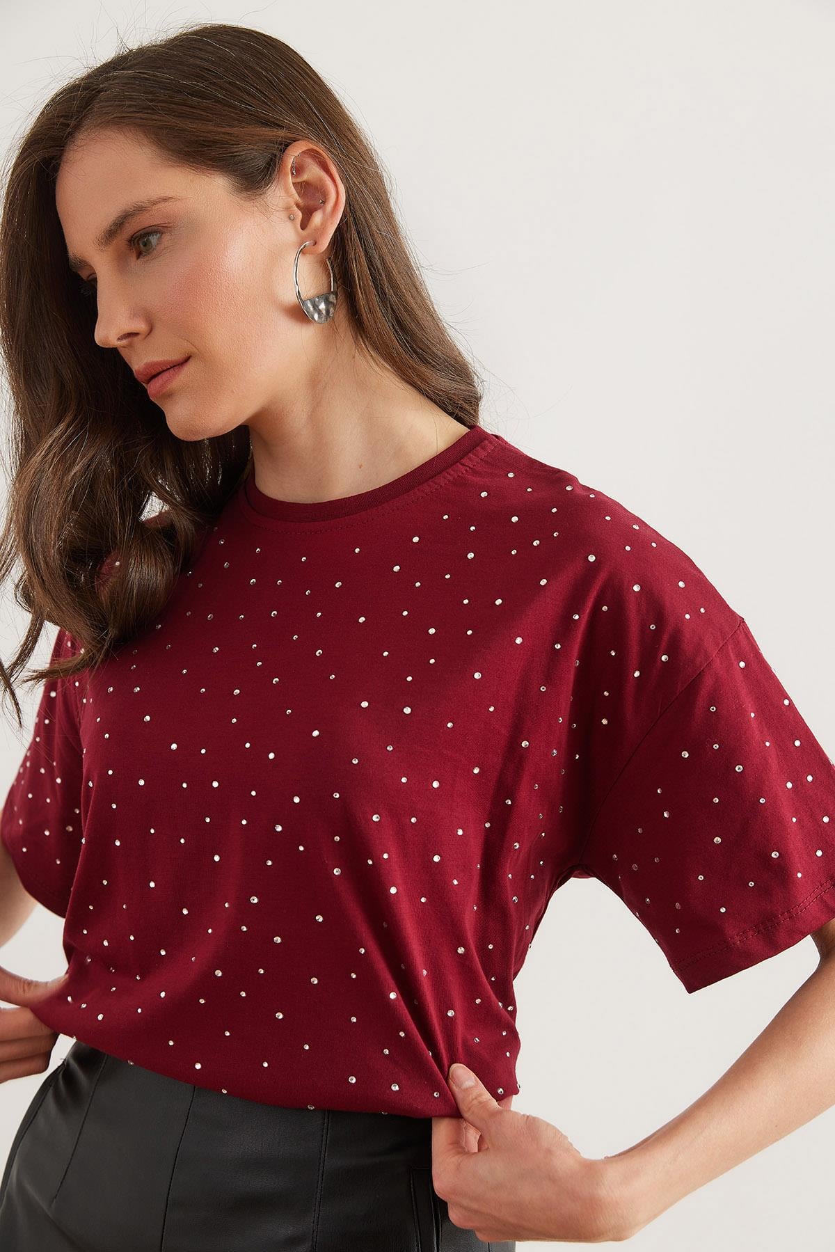 Baskı Taş Detaylı Regular Fit Tişört Bordo
