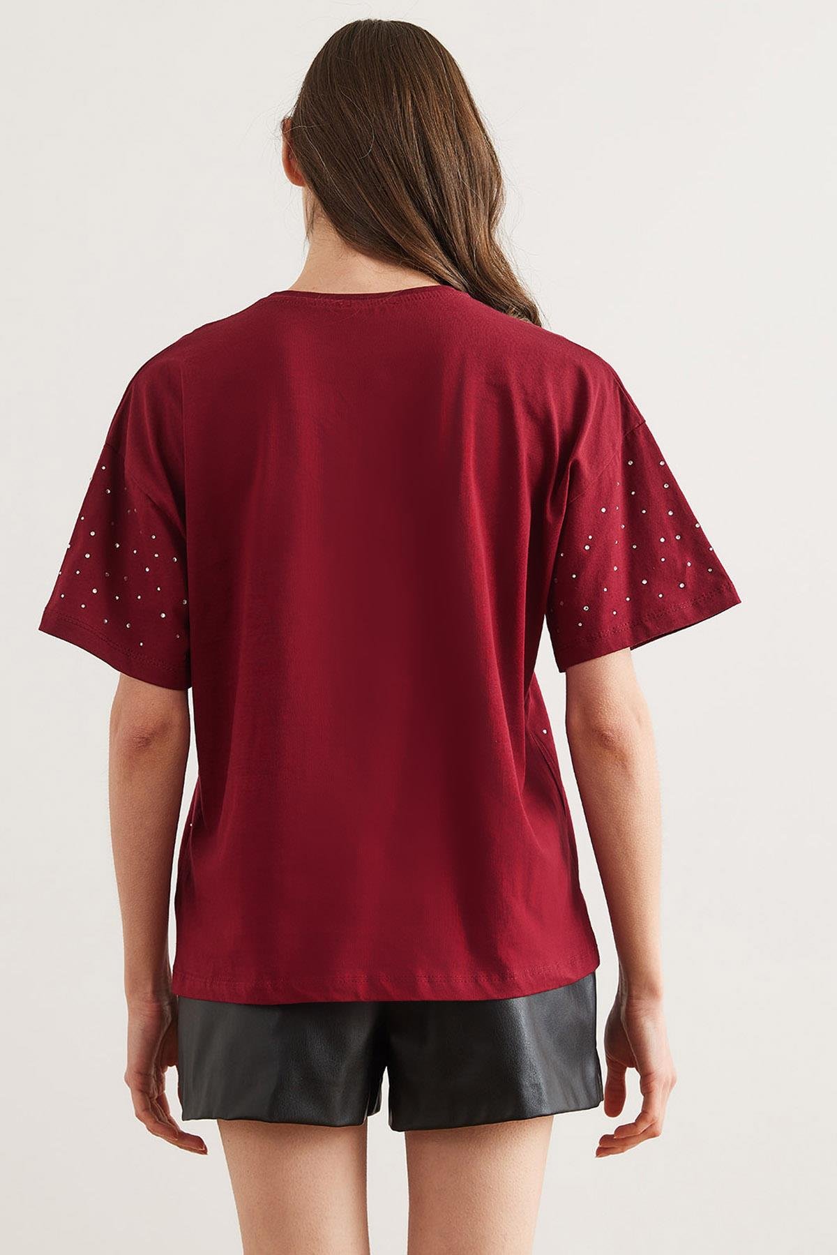 Baskı Taş Detaylı Regular Fit Tişört Bordo