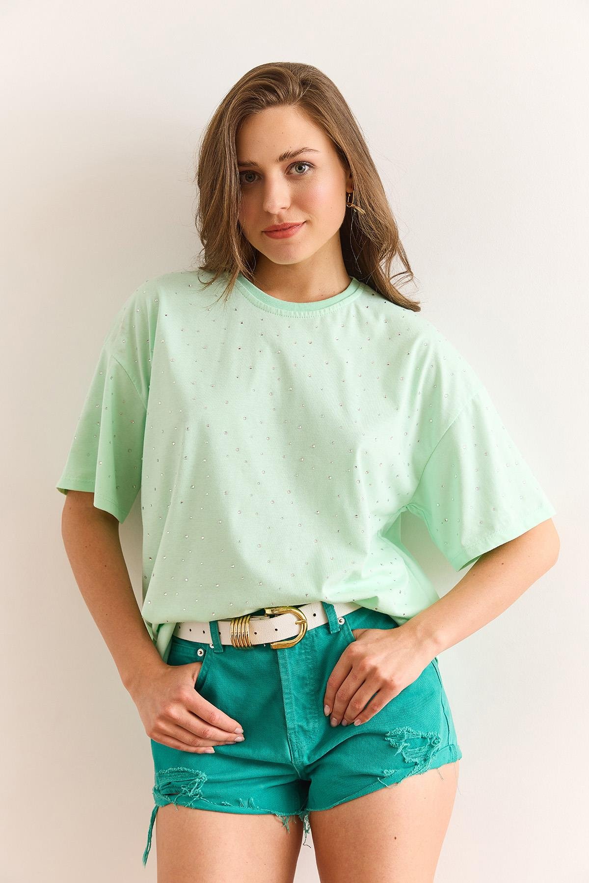 Baskı Taş Detaylı Regular Fit Tişört Mint Yeşili