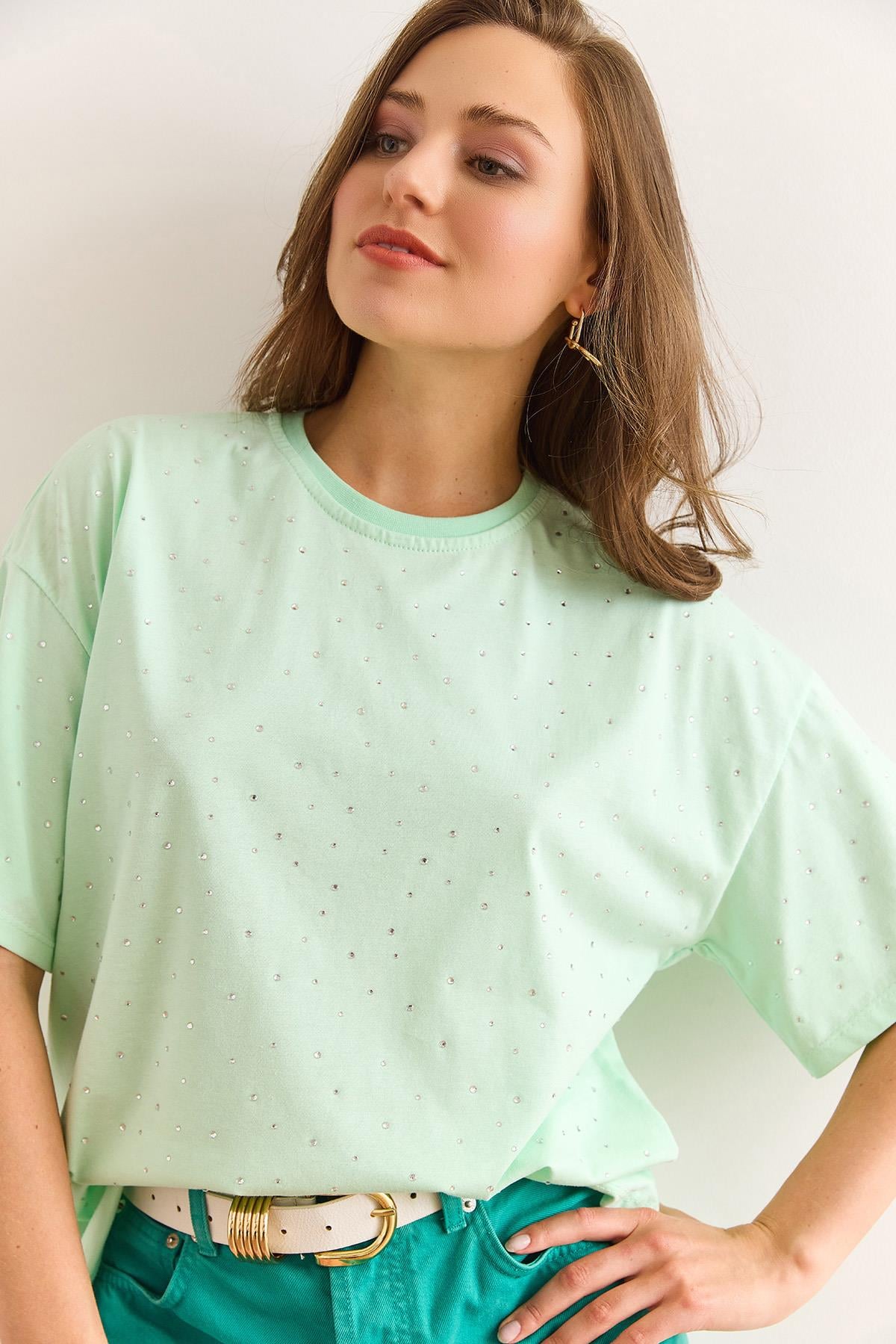 Baskı Taş Detaylı Regular Fit Tişört Mint Yeşili