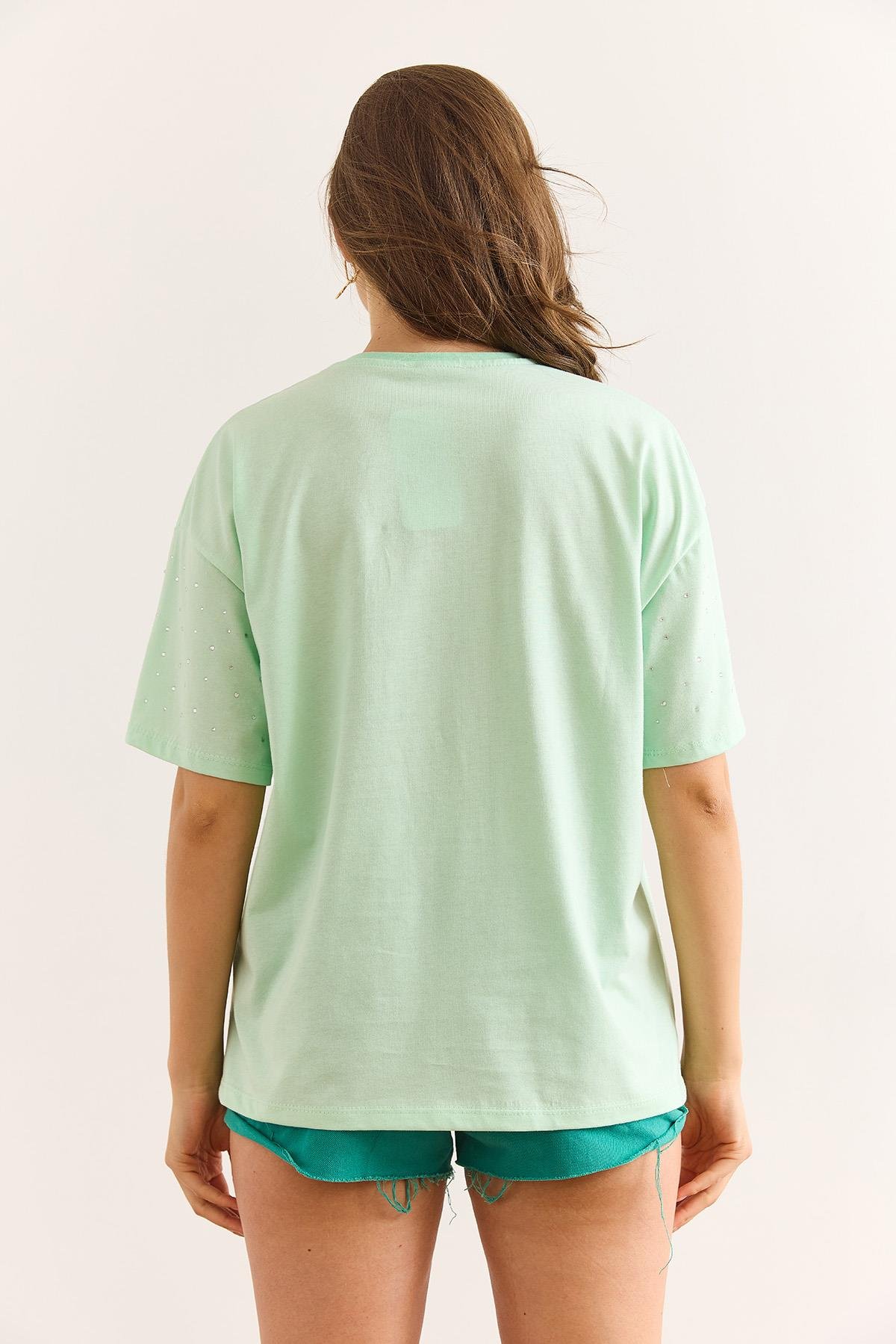 Baskı Taş Detaylı Regular Fit Tişört Mint Yeşili