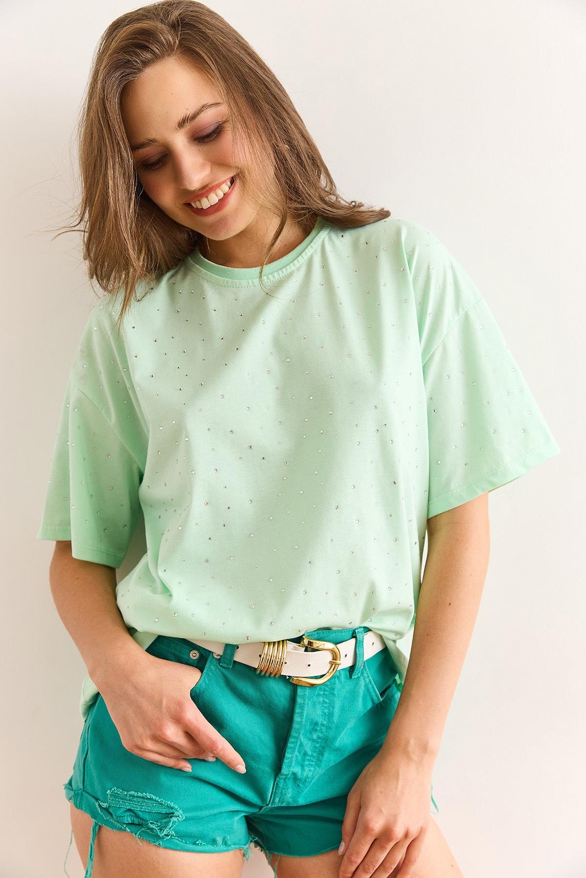 Baskı Taş Detaylı Regular Fit Tişört Mint Yeşili
