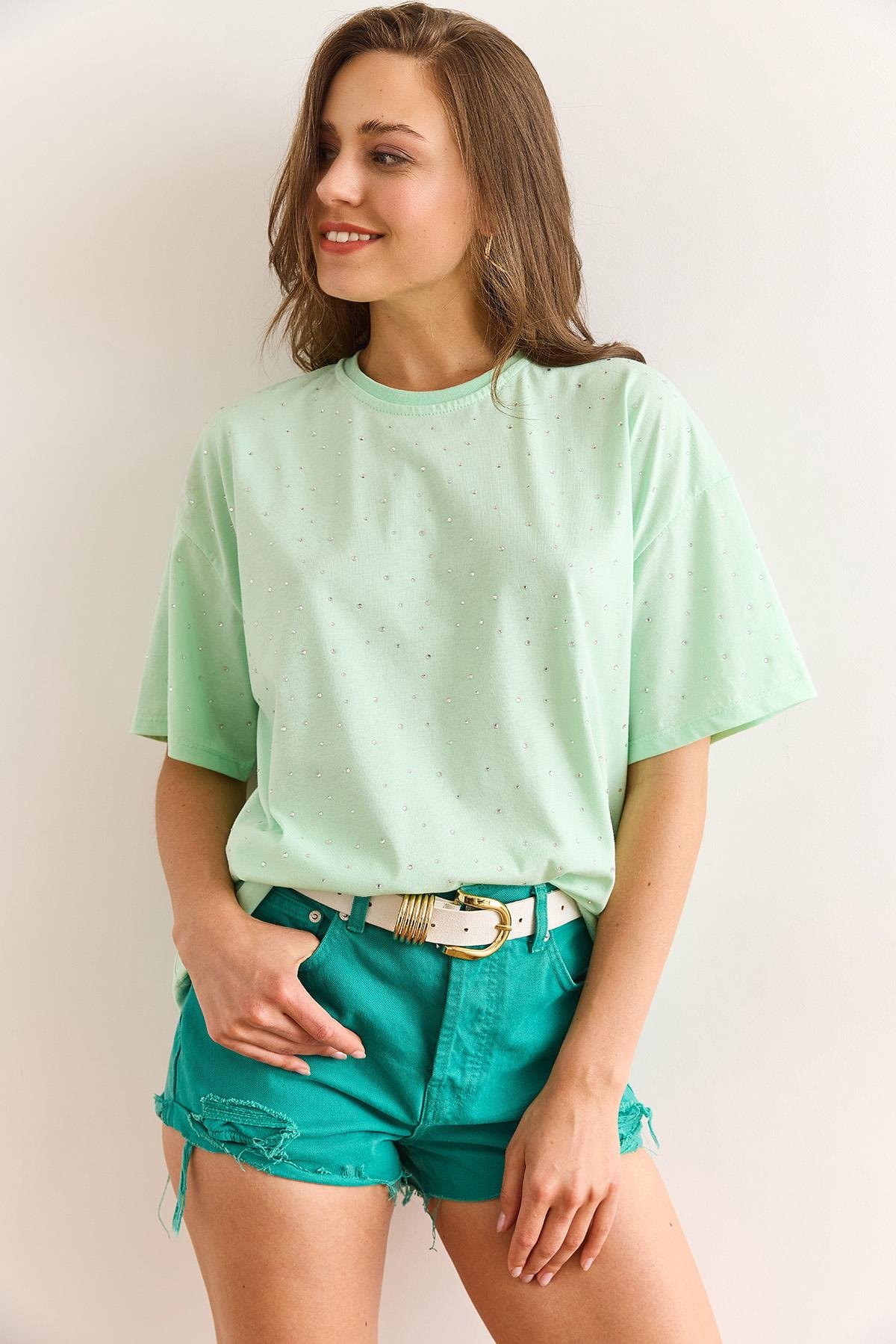 Baskı Taş Detaylı Regular Fit Tişört Mint Yeşili
