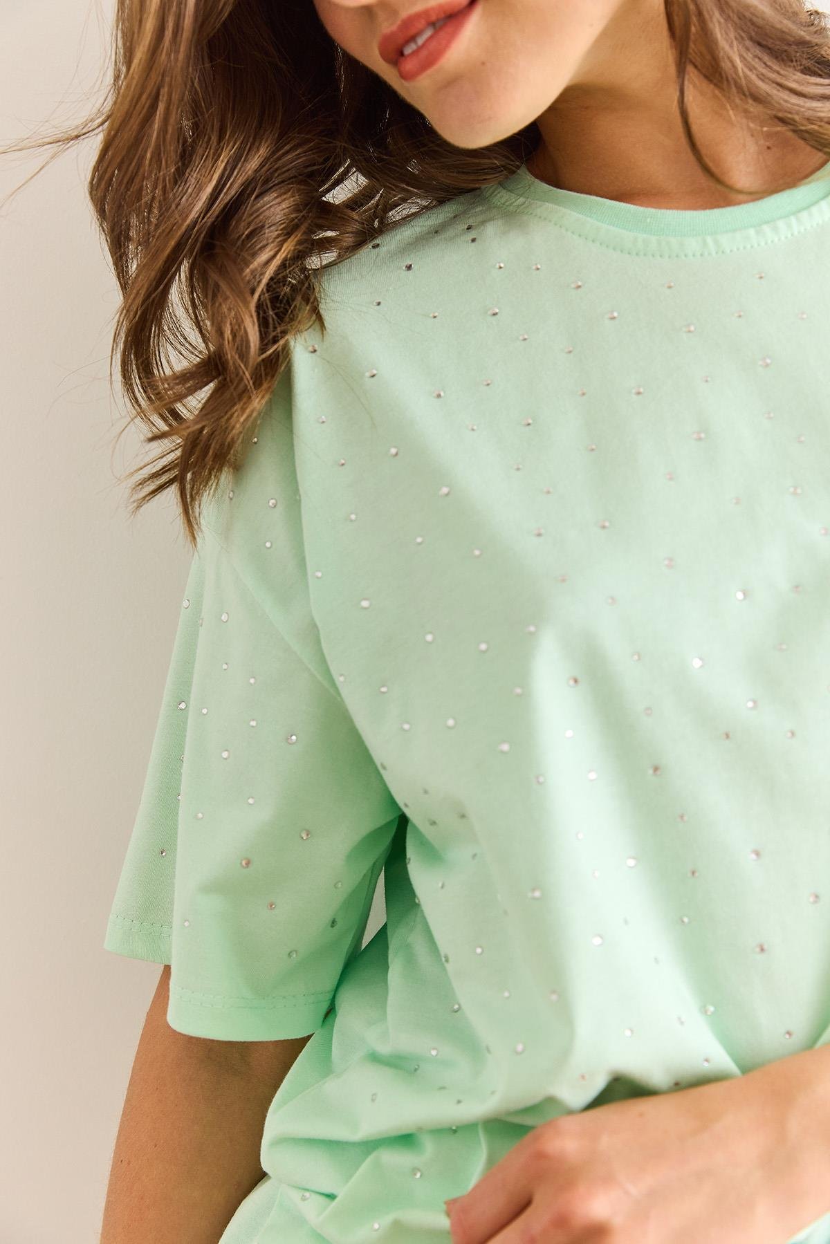 Baskı Taş Detaylı Regular Fit Tişört Mint Yeşili