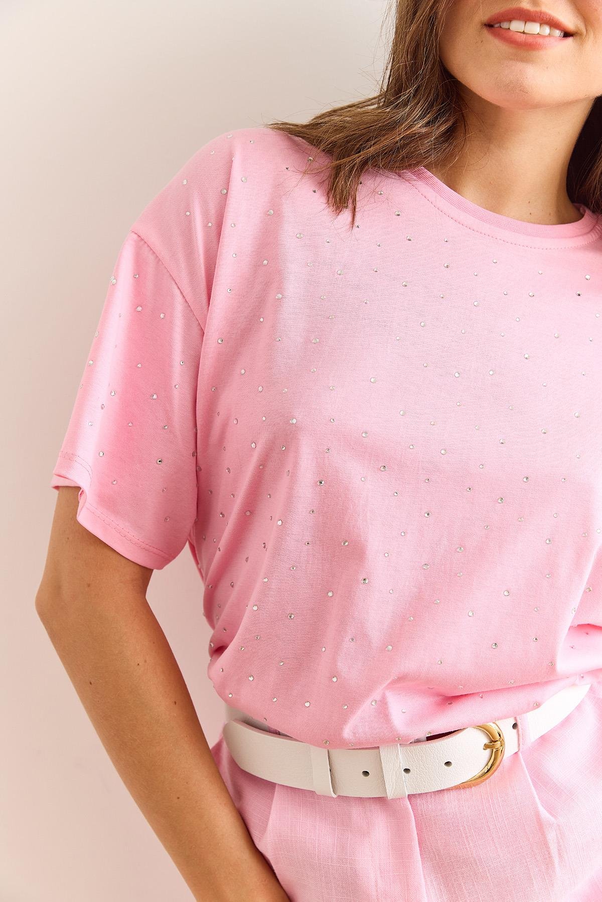 Baskı Taş Detaylı Regular Fit Tişört Pembe