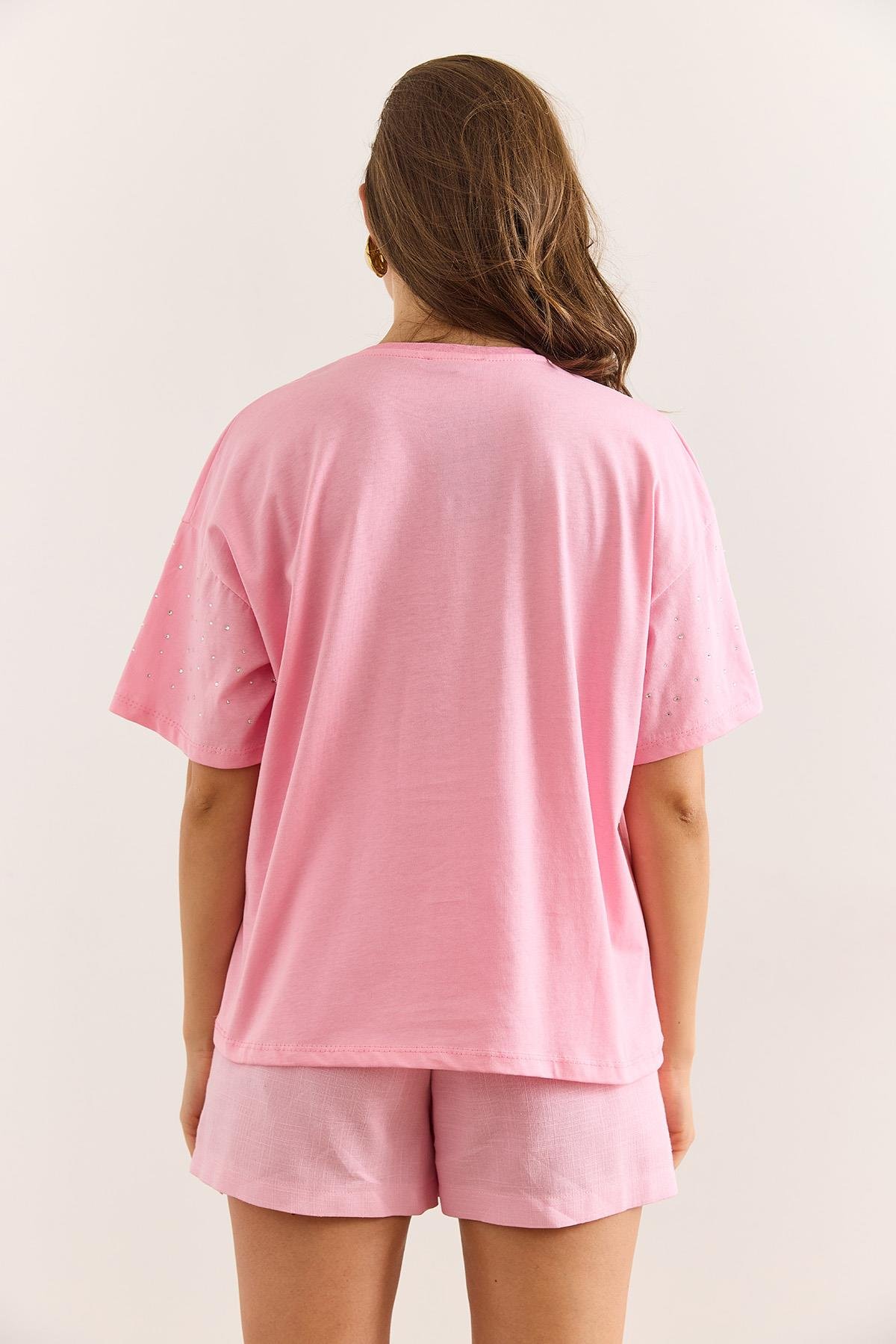 Baskı Taş Detaylı Regular Fit Tişört Pembe