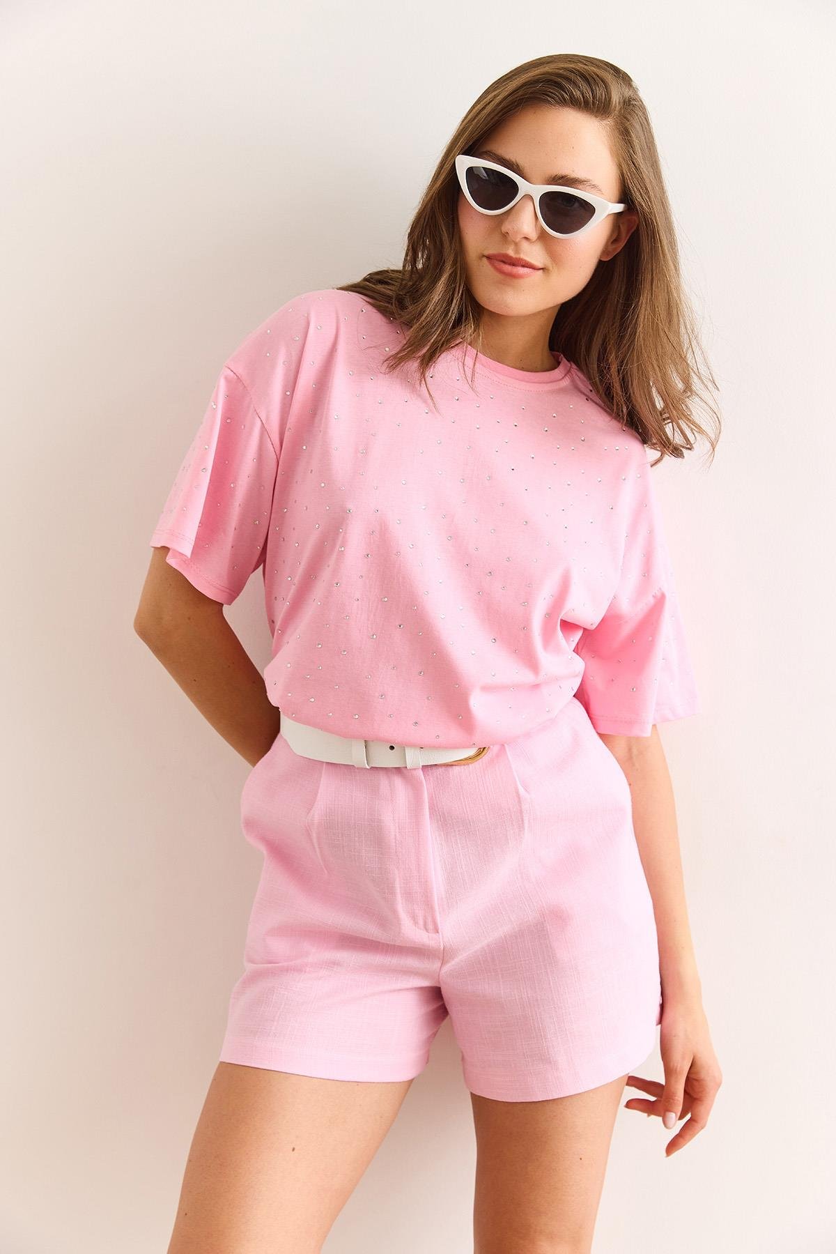 Baskı Taş Detaylı Regular Fit Tişört Pembe