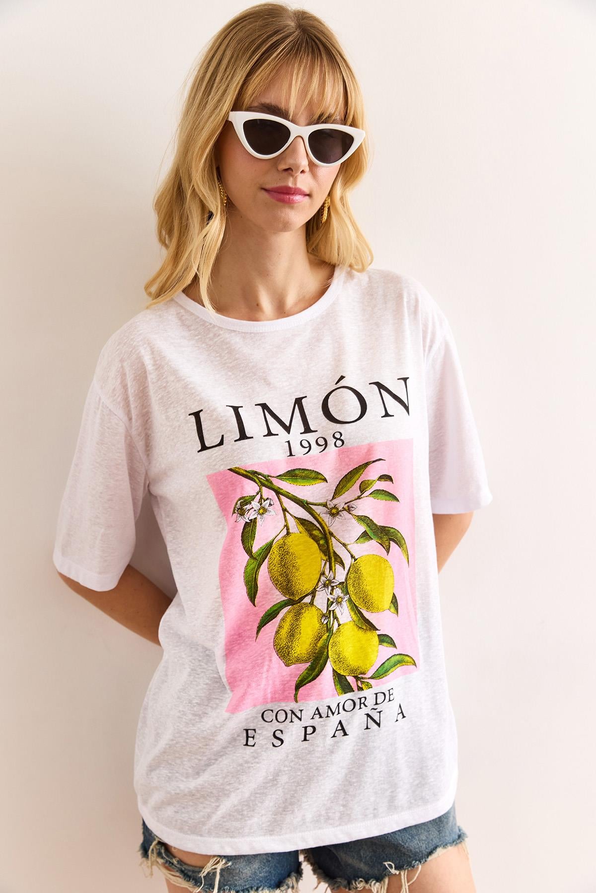Baskılı Flamlı Tişört Limon Beyaz