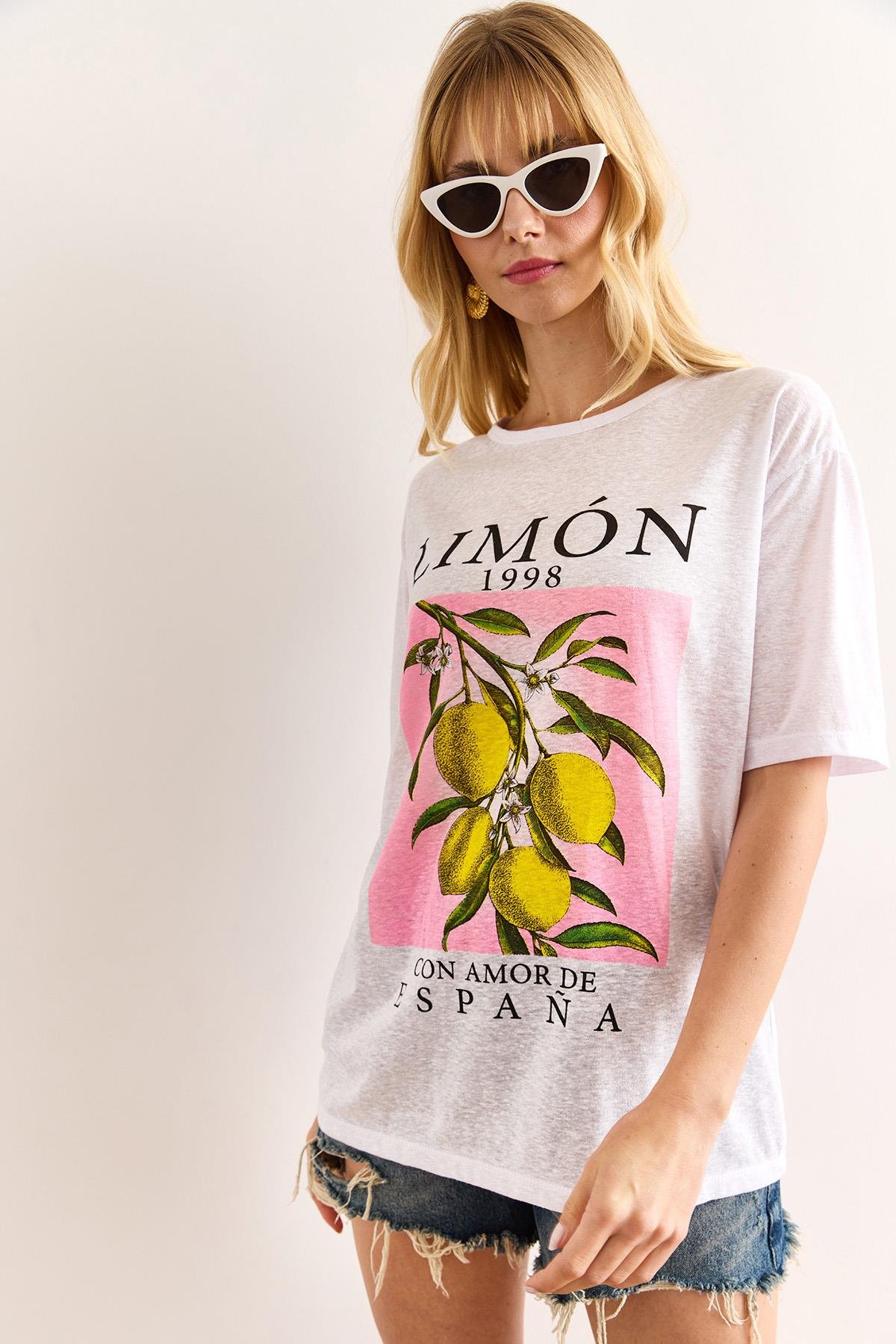 Baskılı Flamlı Tişört Limon Beyaz