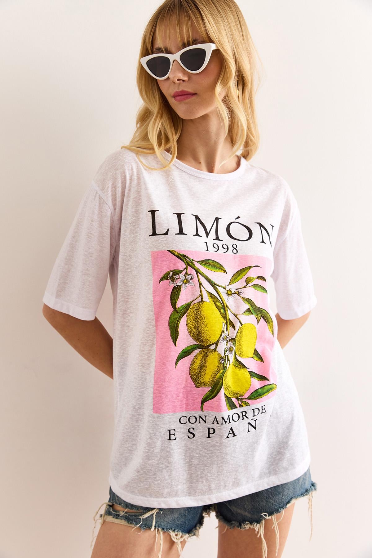 Baskılı Flamlı Tişört Limon Beyaz