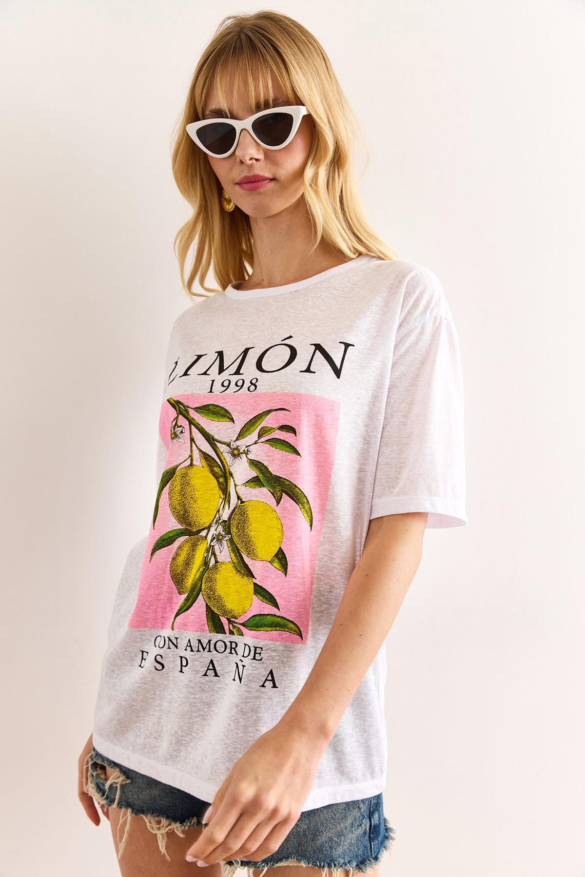Baskılı Flamlı Tişört Limon Beyaz