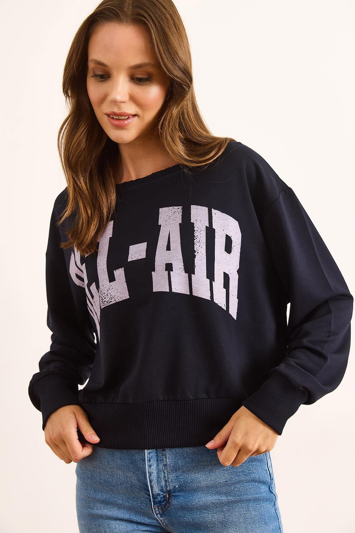 Bel Air Baskılı Kayık Yaka Sweatshirt Lacivert