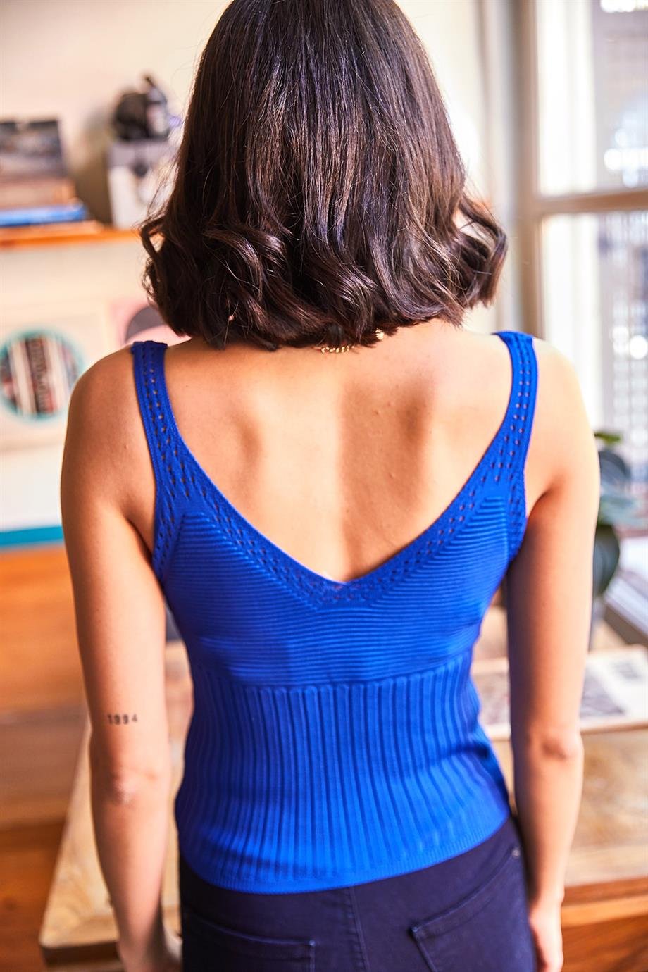 Bel Detaylı Askılı Triko Bluz Saks Mavi
