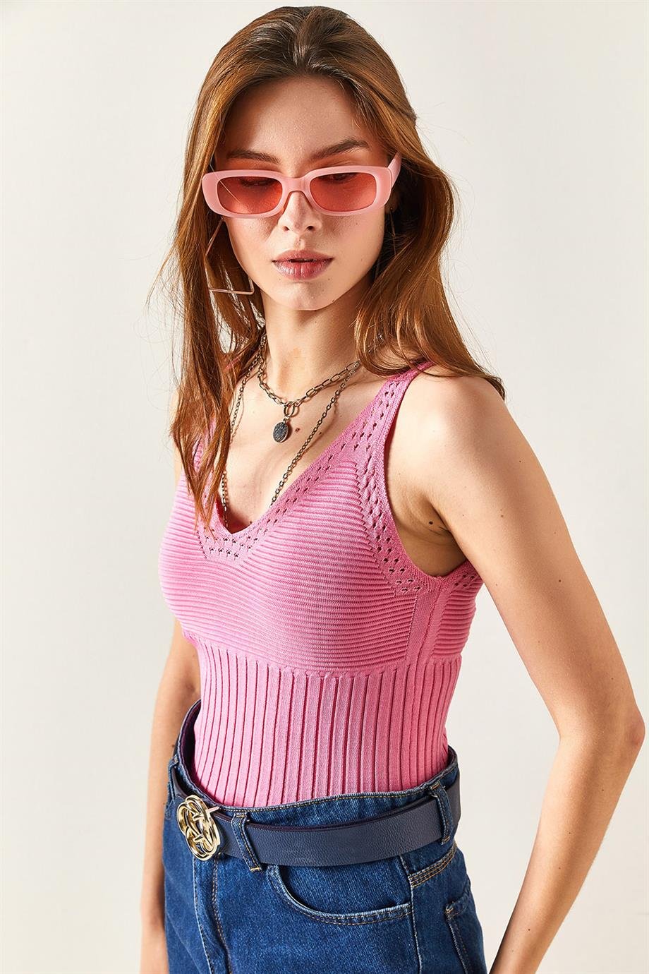 Bel Detaylı Askılı Triko Bluz Şeker Pembe
