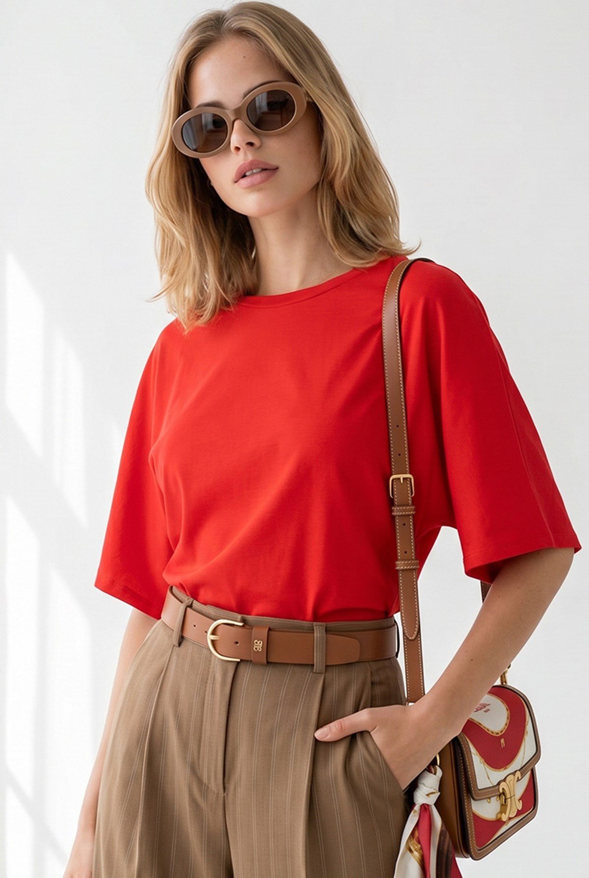 Belden Oturan Dökümlü Crop Viskon Bluz Kırmızı