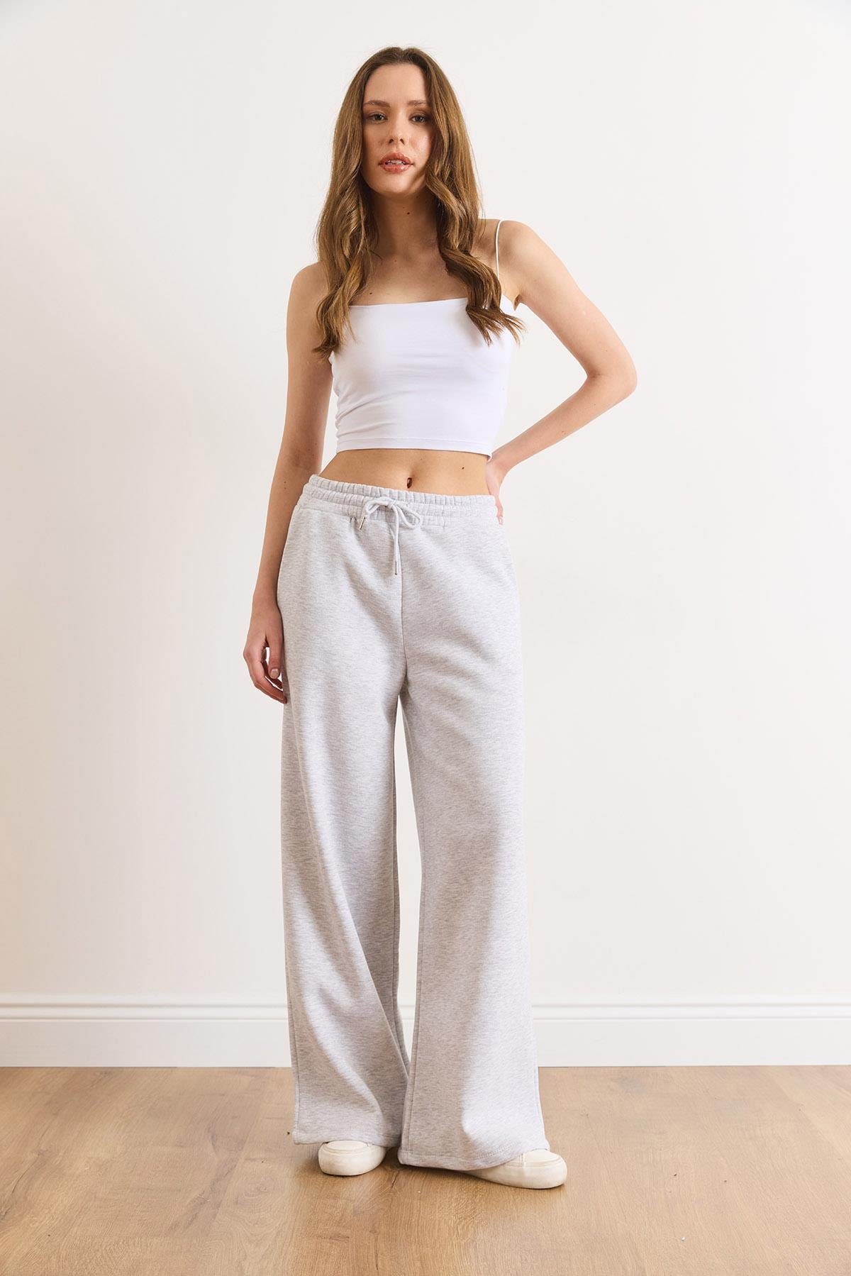 Beli Bağcıklı Cepli Wide Leg Şardonlu Kalın Eşofman Altı Gri