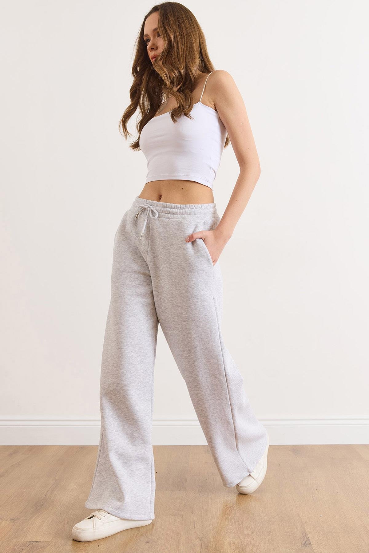 Beli Bağcıklı Cepli Wide Leg Şardonlu Kalın Eşofman Altı Gri