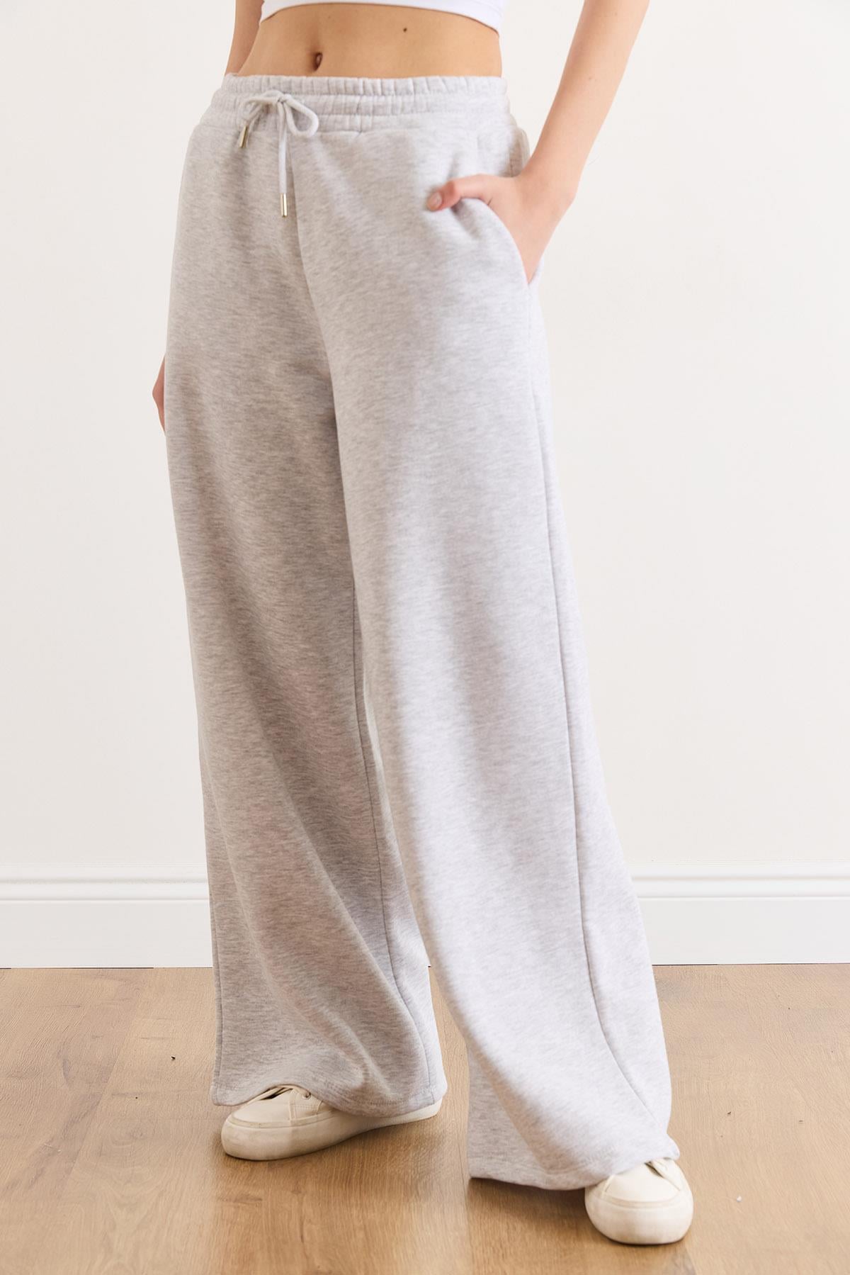 Beli Bağcıklı Cepli Wide Leg Şardonlu Kalın Eşofman Altı Gri