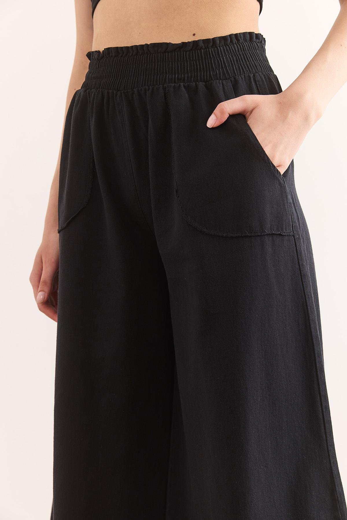 Beli Lastikli Cepli İspanyol Paça Pamuk Gabardin Pantolon Siyah
