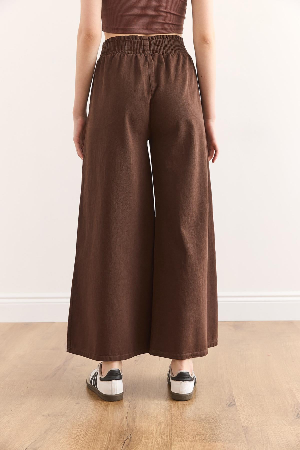 Beli Lastikli Cepli İspanyol Paça Pamuk Gabardin Pantolon Kahverengi