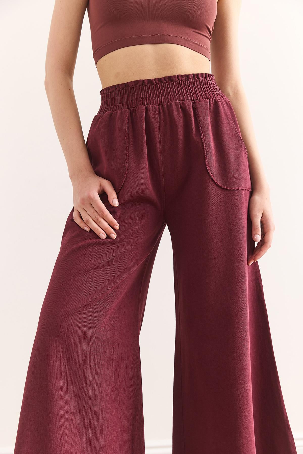 Beli Lastikli Cepli İspanyol Paça Pamuk Gabardin Pantolon Bordo