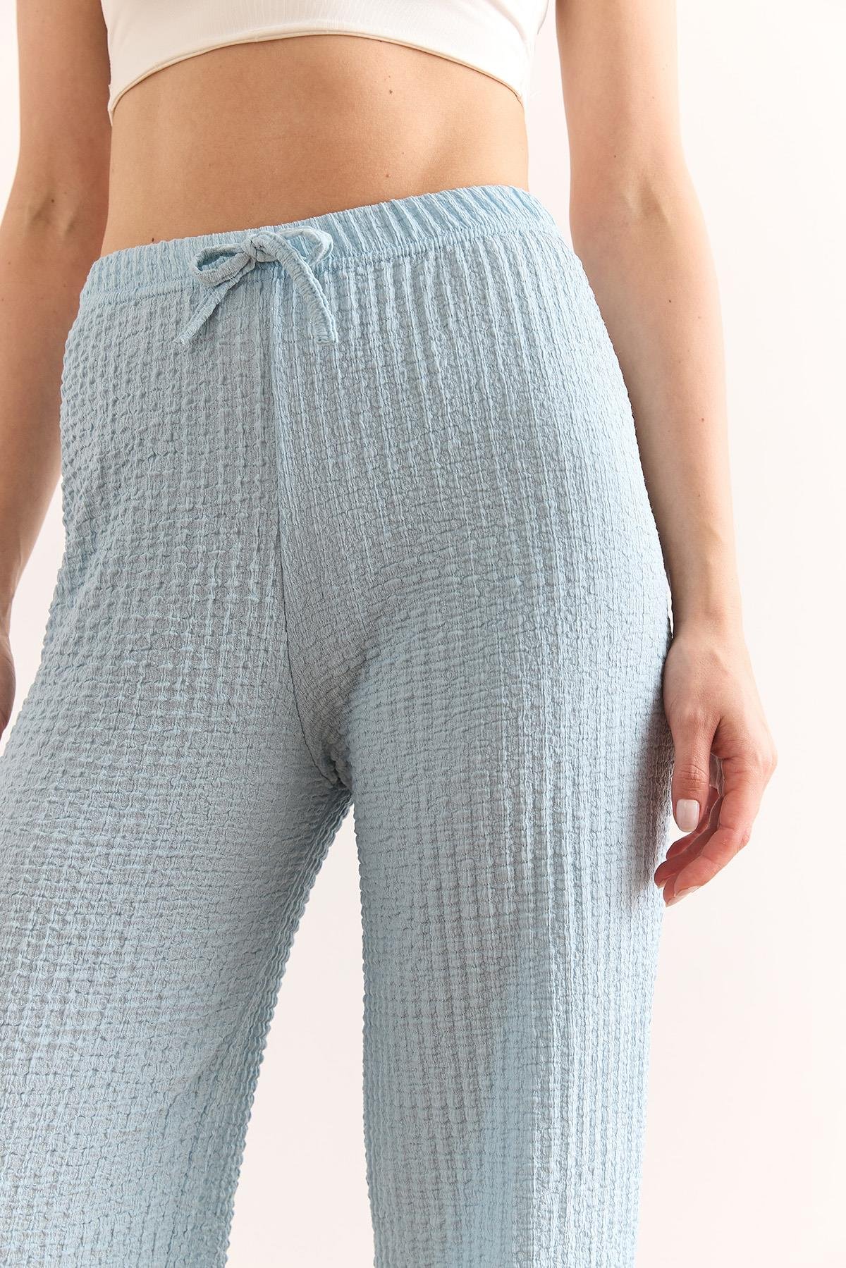 Beli Lastikli Dokulu Palazzo Pantolon Bebe Mavi