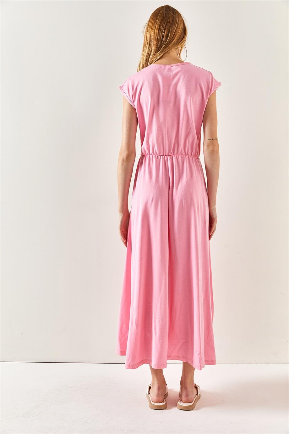 Beli Lastikli Yarasa Penye Elbise Pembe