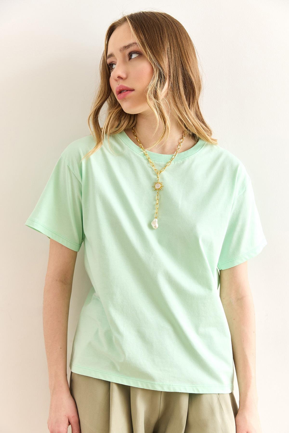 Bisiklet Yaka Basic Tişört Mint Yeşili
