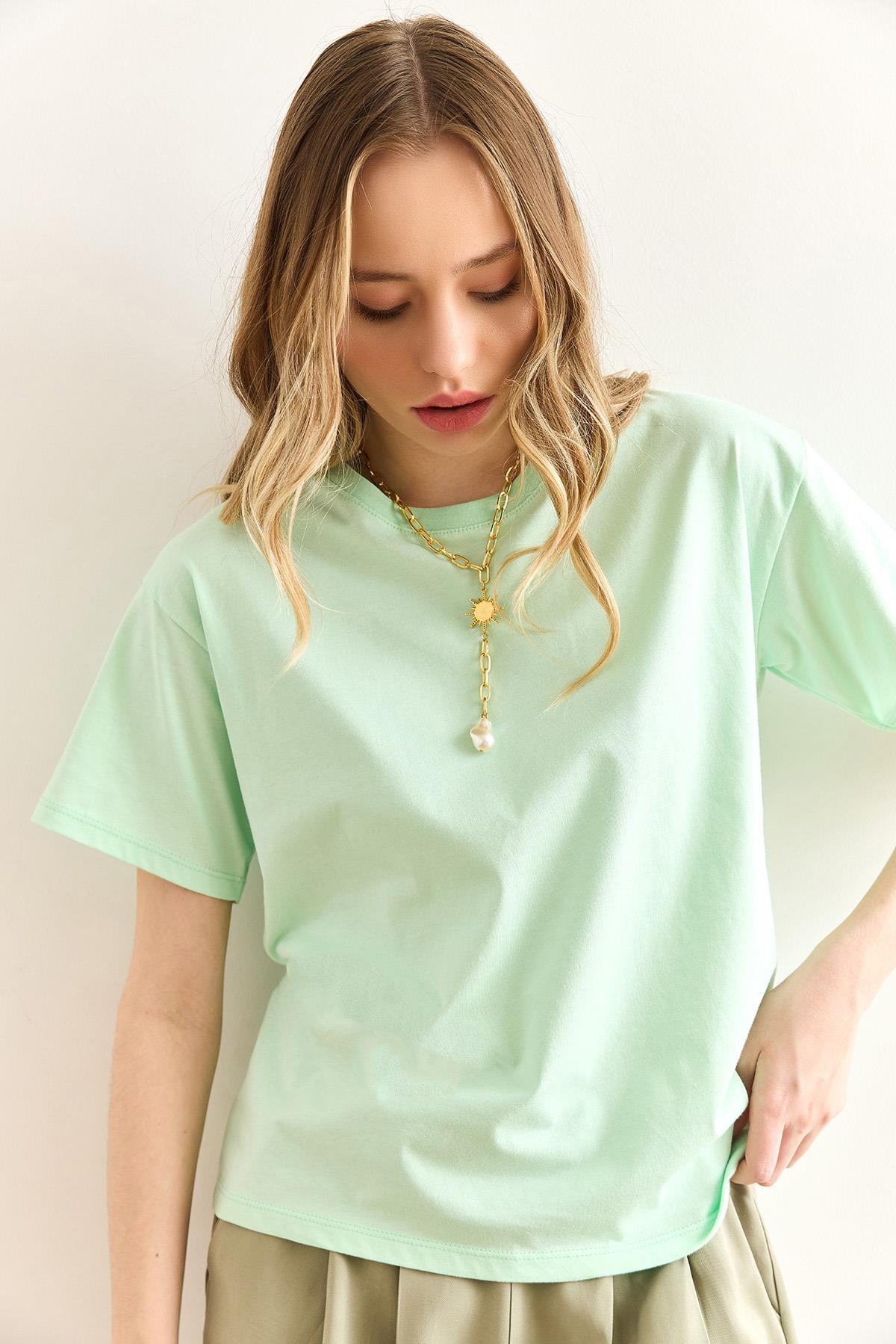 Bisiklet Yaka Basic Tişört Mint Yeşili