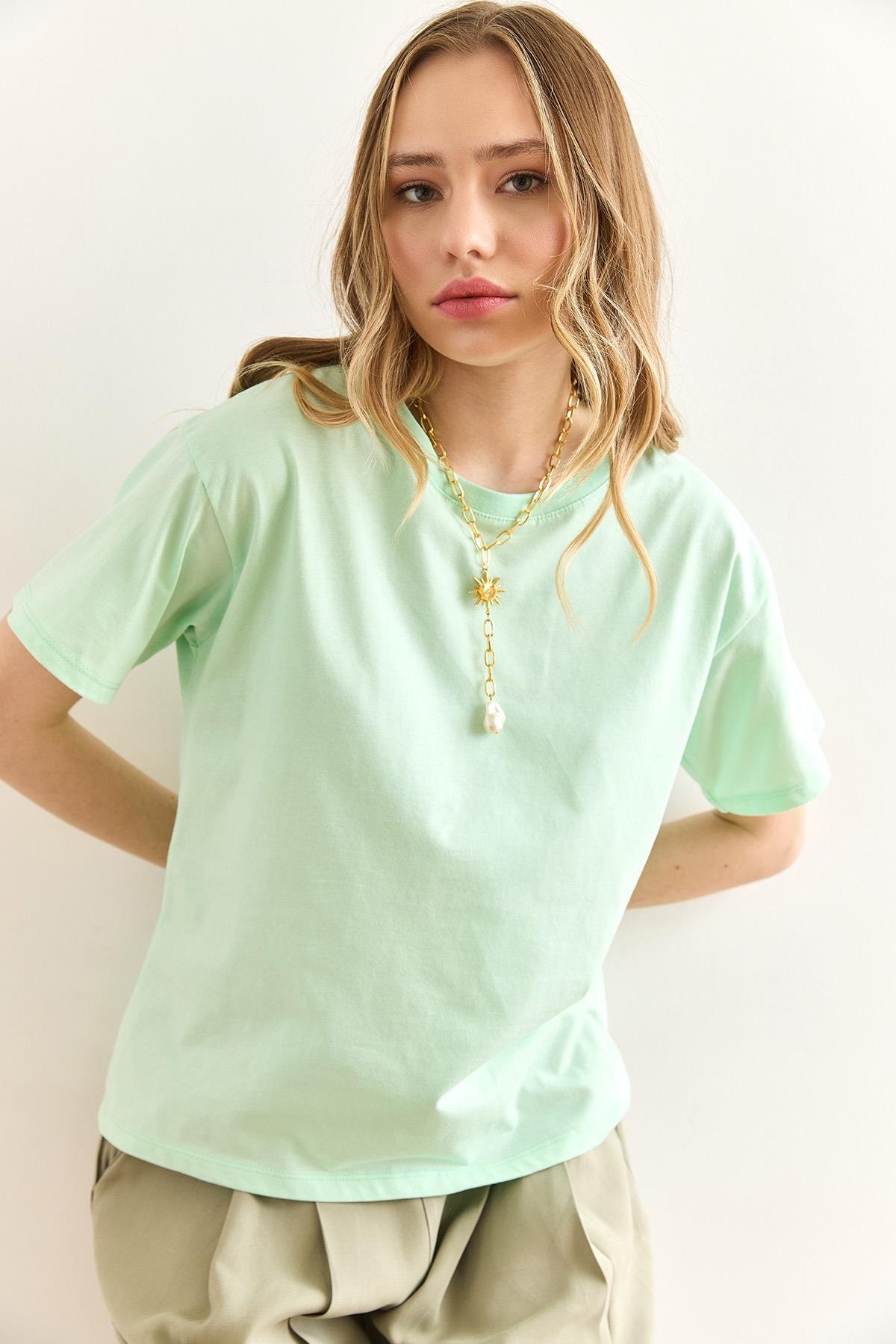 Bisiklet Yaka Basic Tişört Mint Yeşili