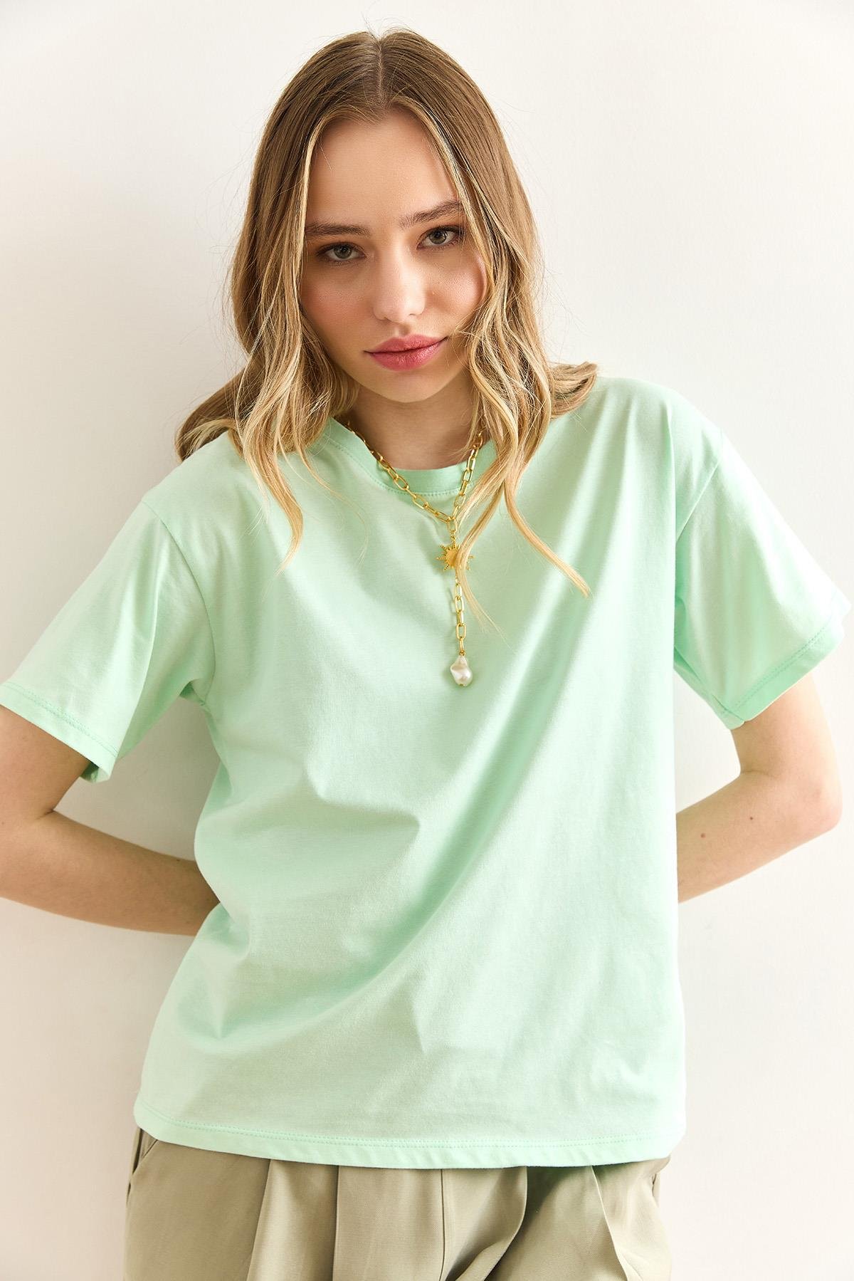 Bisiklet Yaka Basic Tişört Mint Yeşili