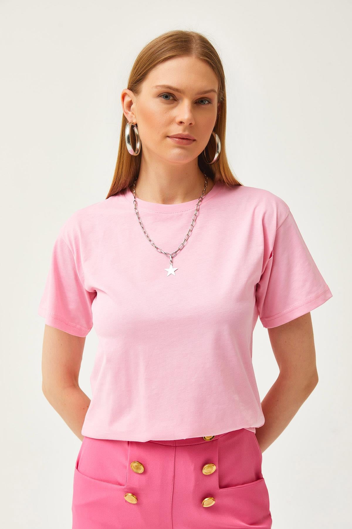 Bisiklet Yaka Basic Tişört Pembe