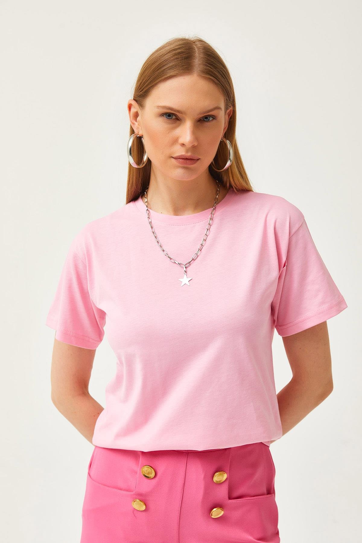 Bisiklet Yaka Basic Tişört Pembe